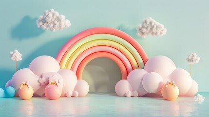 Minimalist geometric shapes forming a rainbow with fluffy clouds, soft pastel colors, modern style - obrazy, fototapety, plakaty