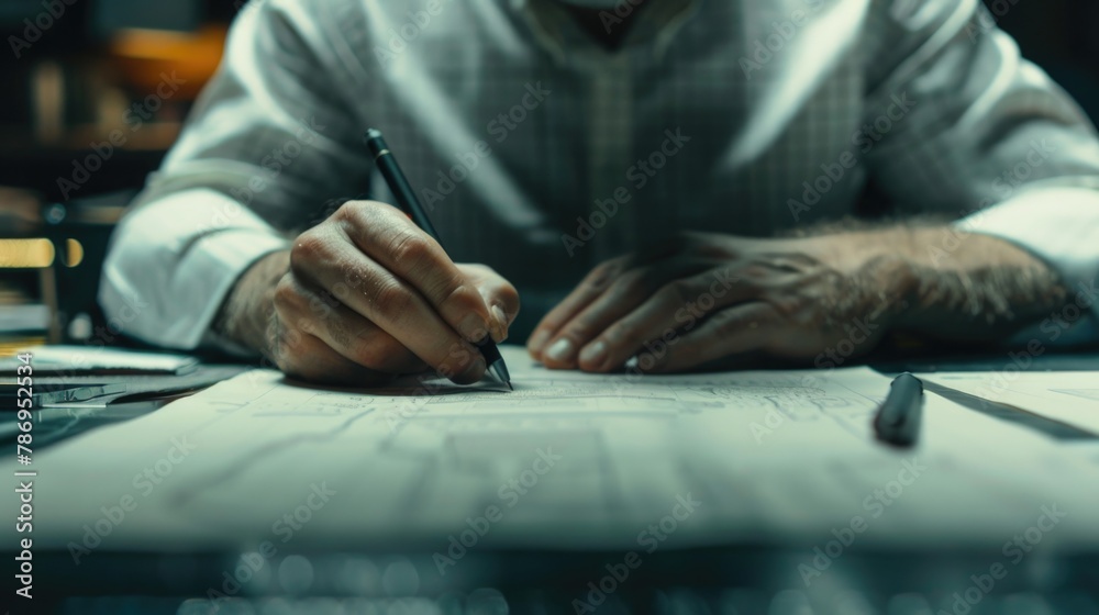 Poster a man sitting at a table with a pen and paper. suitable for educational or office concepts