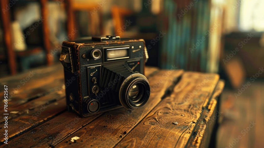 Poster old camera resting on rustic wooden surface. ideal for photography enthusiasts