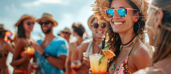 Happy young people cheering cocktail glasses together at a beach party.Youth lifestyle and summer vacation concept