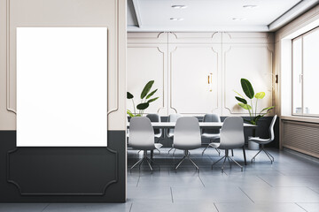 Modern classic meeting room interior with empty mock up poster on light wall, furniture, window and city view. 3D Rendering.