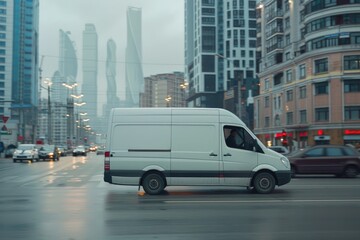 A white van driving down a street next to tall buildings. Suitable for transportation or urban city concepts