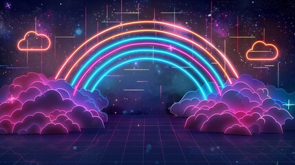 Neon outline of geometric rainbow, clouds on a starry night background, bold colors, 80s neon retro - obrazy, fototapety, plakaty