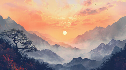 sunrise in mountain peach background