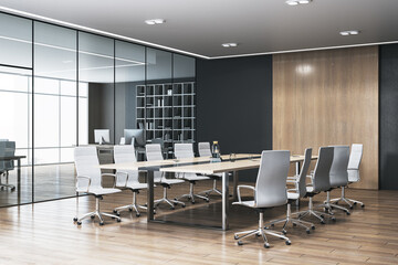 Modern classic meeting room interior with glass partition, furniture, window and city view. 3D Rendering.