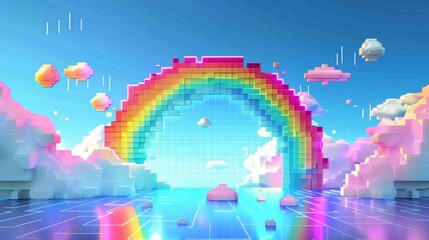 Retro gaming style geometric rainbow over pixel clouds, vibrant 8-bit colors - obrazy, fototapety, plakaty