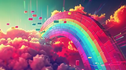 Retro gaming style geometric rainbow over pixel clouds, vibrant 8-bit colors - obrazy, fototapety, plakaty