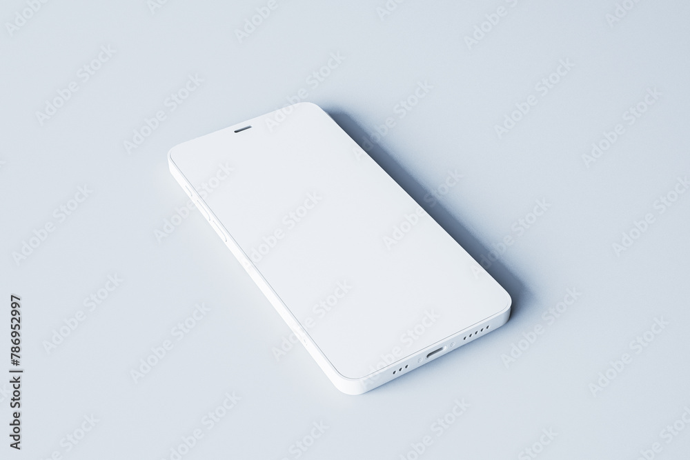 Poster close up of empty white mock up cellphone on light background. new phone, product and presentation c