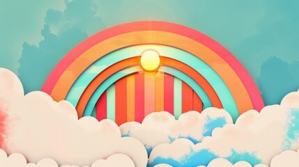 Vector style rainbow clouds in geometric abstraction, bright, clean 60s inspired colors, retro look