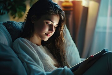 Woman sitting on a couch reading a book, suitable for lifestyle blogs or educational materials - obrazy, fototapety, plakaty