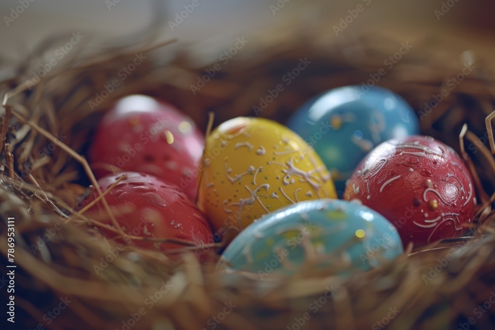 Poster A close-up view of a nest with eggs. Suitable for nature and wildlife themes
