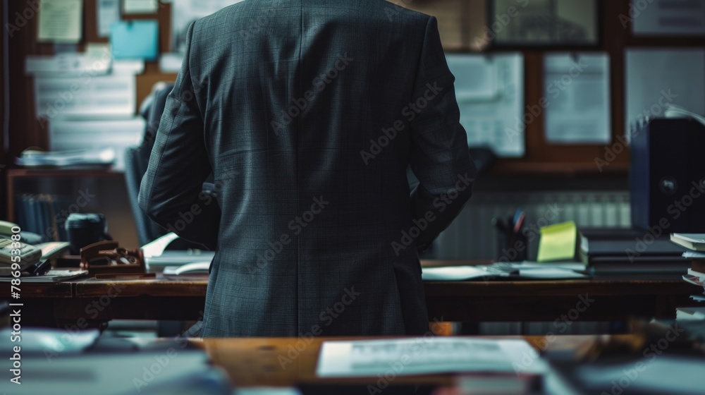 Poster a man in a suit standing at a desk. suitable for business and office concepts