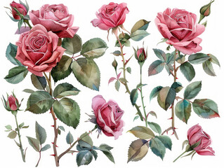 Set elementi acquerello di rose rosa; collezione fiori da giardino; foglie; rami. Botanica; illustrazione, eucalipto; design floreale di nozze - obrazy, fototapety, plakaty