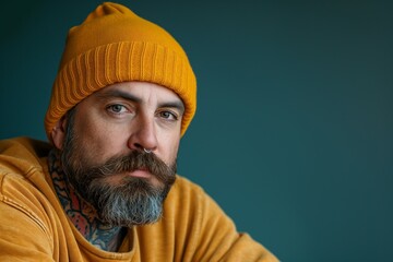 Serious man with tattoos, wearing a yellow beanie and shirt, with a contemplative gaze - obrazy, fototapety, plakaty
