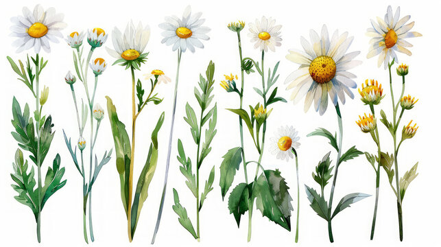 Set di fiori di camomilla e margherite in stile  acquerello , foglie, rami, illustrazione botanica isolata su sfondo bianco scontornabile