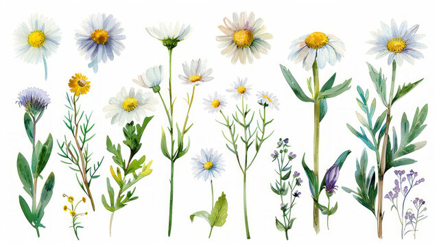 Set di fiori di camomilla e margherite in stile  acquerello , foglie, rami, illustrazione botanica isolata su sfondo bianco scontornabile
