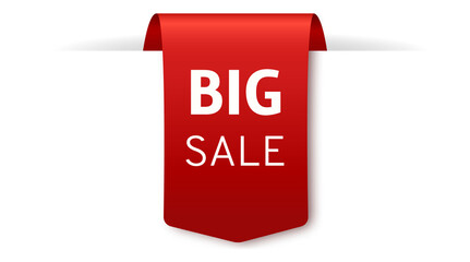 Big sale promotional tag. Red ribbon label