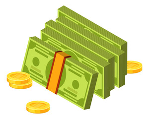 Cartoon cash icon. Money pile. Dollar packs