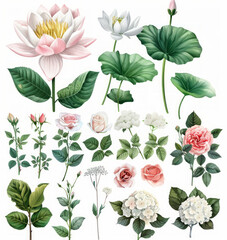Set di elementi acquerello di fiore di loto , rose, e ortensie, mughetto; collezione fiori da giardino; foglie;  Disegno floreale di matrimonio su sfondo bianco scontornabile - obrazy, fototapety, plakaty
