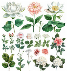 Set di elementi acquerello di fiore di loto , rose, e ortensie, mughetto; collezione fiori da giardino; foglie;  Disegno floreale di matrimonio su sfondo bianco scontornabile - obrazy, fototapety, plakaty