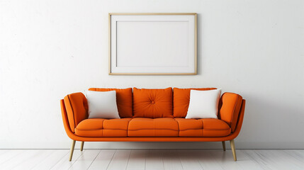A pop of color transforms this minimalist space with a fiery orange sofa against a canvas of clean white walls, accented by an empty frame awaiting creative inspiration.