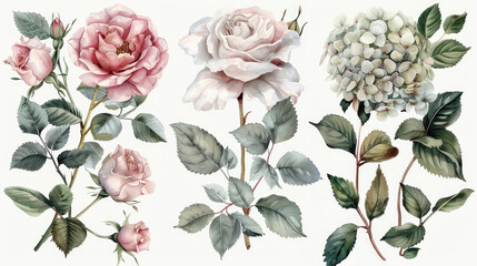Set di elementi acquerello di rose e ortensie collezione fiori da giardino; foglie;  Disegno floreale di matrimonio su sfondo bianco scontornabile - obrazy, fototapety, plakaty