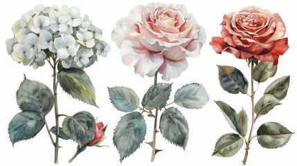 Set di elementi acquerello di rose e ortensie collezione fiori da giardino; foglie;  Disegno floreale di matrimonio su sfondo bianco scontornabile