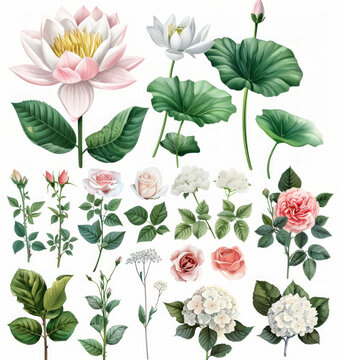 Set di elementi acquerello di fiore di loto , rose, e ortensie, mughetto; collezione fiori da giardino; foglie;  Disegno floreale di matrimonio su sfondo bianco scontornabile
