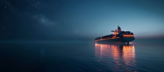 Vast Nighttime Seascape with Container Ship Sailing - Expansive Perspective - obrazy, fototapety, plakaty
