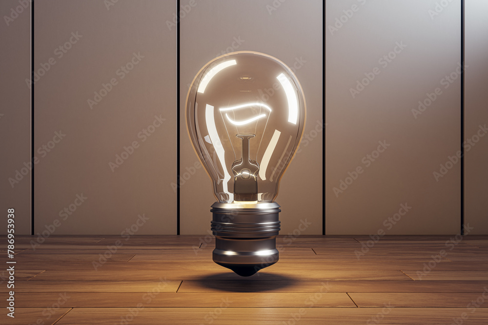 Poster creative glowing lamp in interior with mock up place on white wall. idea, innovation and ad abstract
