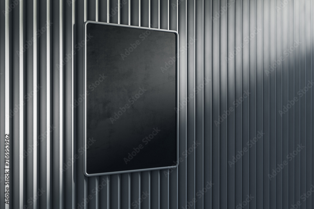 Poster empty light metal linear wall with clean black mock up poster. gallery concept. 3d rendering.