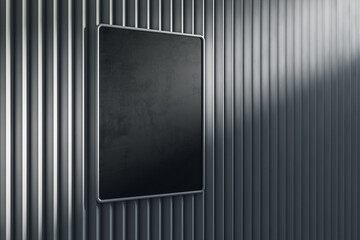 Empty light metal linear wall with clean black mock up poster. Gallery concept. 3D Rendering.
