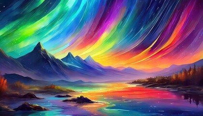 Create an abstract representation of the auroral dance, where each twist and curve of the light is translated into a spectrum of colors on a digital canvas - obrazy, fototapety, plakaty
