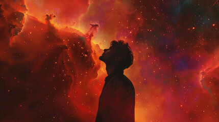 Universe, sky and silhouette of man in space for spiritual awakening, prayer and awareness. Stars, astrology and colorful abstract of person with thinking for galaxy, faith and cosmic connection - obrazy, fototapety, plakaty