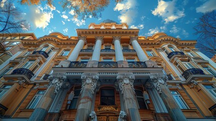 Majestic view of an elegant historical building, adorned with ornate Corinthian columns and vibrant balconies under a clear blue sky with sparse clouds. - 786954197