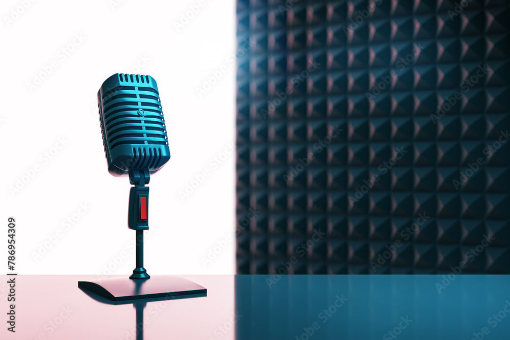 Aufkleber Creative image with mic and mock up place on blue backdrop. Podcast ad and voiceover concept. 3D Rendering.