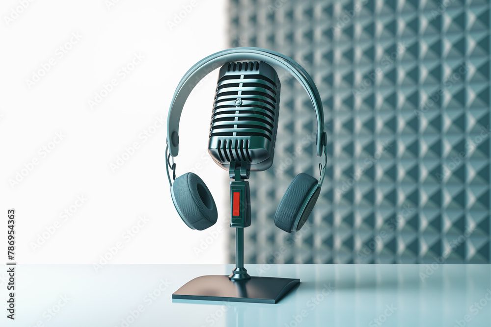 Poster Creative image with mic and mock up place on gray wallpaper. Podcast ad and voiceover concept. 3D Rendering.