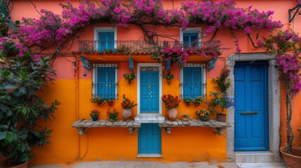 Explore the charm of Lefkada with this colorful Mediterranean house adorned with vibrant bougainvillea and other flowers, showcasing traditional Greek architecture. - 786954517