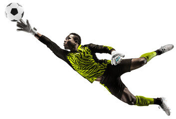 Young African man, soccer player, goalkeeper catching ball in jump during game isolated on transparent background. Concept of sport, game, competition, tournament, active lifestyle