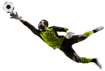 Young African man, soccer player, goalkeeper catching ball in jump during game isolated on transparent background. Concept of sport, game, competition, tournament, active lifestyle