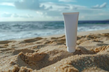 Tube of sunscreen cream on sandy beach. Perfect for summer vacation promotions - obrazy, fototapety, plakaty