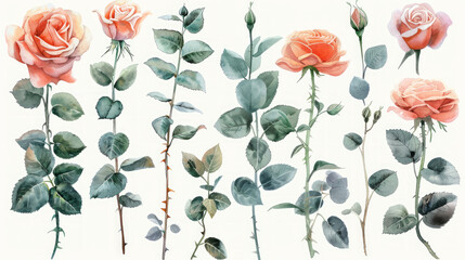 Set elementi acquerello di rose arancioni; collezione fiori da giardino; foglie; rami. Botanica; illustrazione, eucalipto; design floreale di nozze - obrazy, fototapety, plakaty