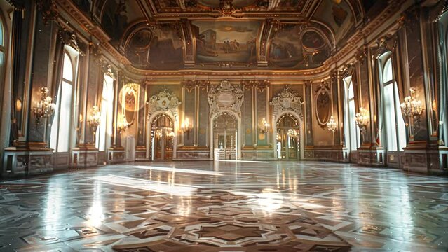 renaissance palace ballroom within a realm of art. seamless looping overlay 4k virtual video animation background