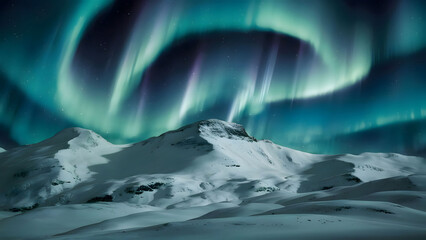Amazing view of green aurora borealis shining in night sky over snowy mountain ridge