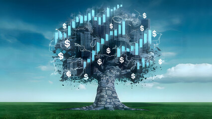 investment concept of tree whose branches are made of rising financial graphs