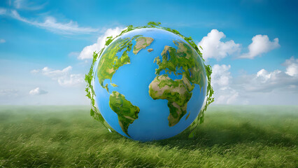 Globe lies on green grass. Concept - Earth Day