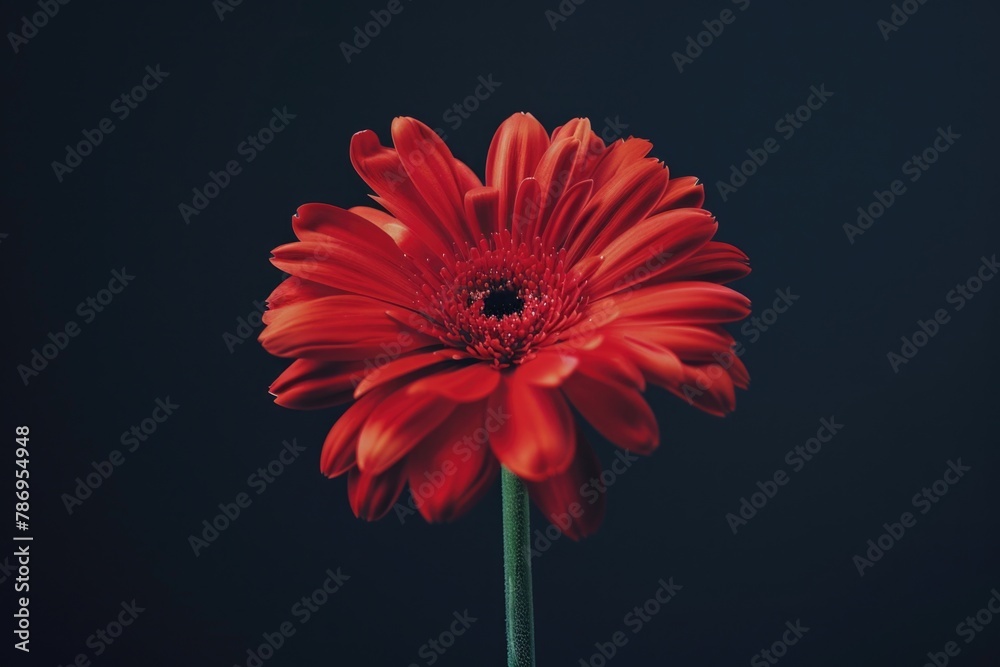 Poster a single red flower on a stem against a black background. suitable for various design projects