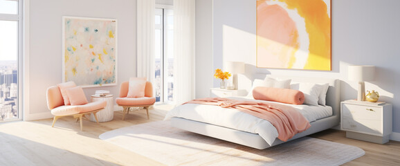 A bright and airy bedroom with a palette of soft pastels and pops of vibrant color, accented by minimalist furnishings and offering plenty of copy space.