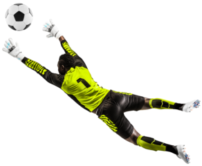 Young African man, football player, goalkeeper catching ball in jump during game isolated on transparent background. Concept of sport, game, competition, tournament, active lifestyle