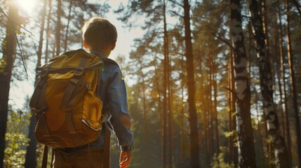 A man with a backpack walking through a forest. Suitable for outdoor and adventure concepts